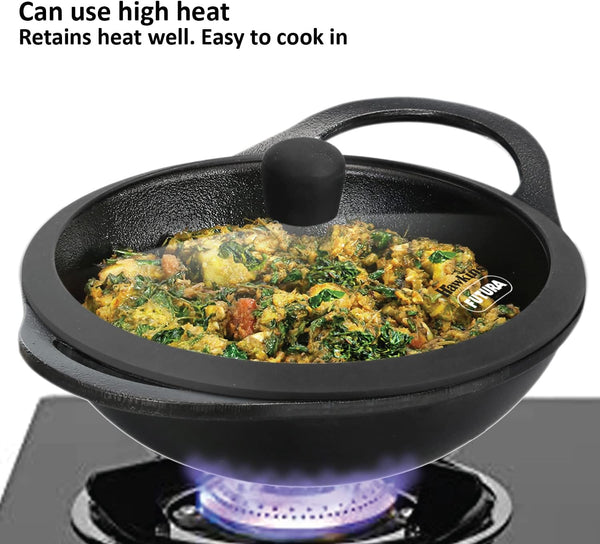 Futura 2 Litre Cast Iron Kadhai, Naturally Nonstick Cast Iron Kadai with Glass Lid, Cast Iron Cookware for Kitchen, Black (CIK20G)3