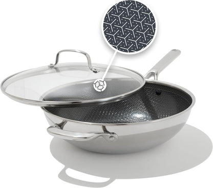 OXO Hybrid 12” Nonstick Wok with Glass Lid, Pfas-Free Ceramic Stir-Fry Pan, Induction & All Cooktop Compatible, Dishwasher Safe, Fusion Boost Tech for Powerful Searing, Mirror Polished Tri-Ply1