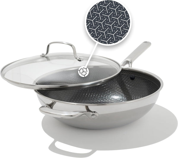 OXO Hybrid 12” Nonstick Wok with Glass Lid, Pfas-Free Ceramic Stir-Fry Pan, Induction & All Cooktop Compatible, Dishwasher Safe, Fusion Boost Tech for Powerful Searing, Mirror Polished Tri-Ply1