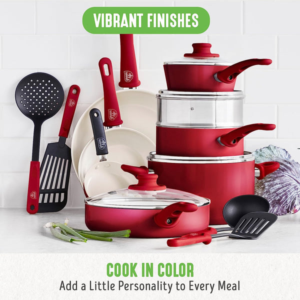 16 Piece Nonstick Cookware Set, Soft Grip Non-Toxic Pfas-Free Ceramic Pots & Pans, Dishwasher & Oven Safe, Frying, Sauce, Saute, Utensils, Glass Lids, Stay-Cool Handles, Wobble Free, Red8