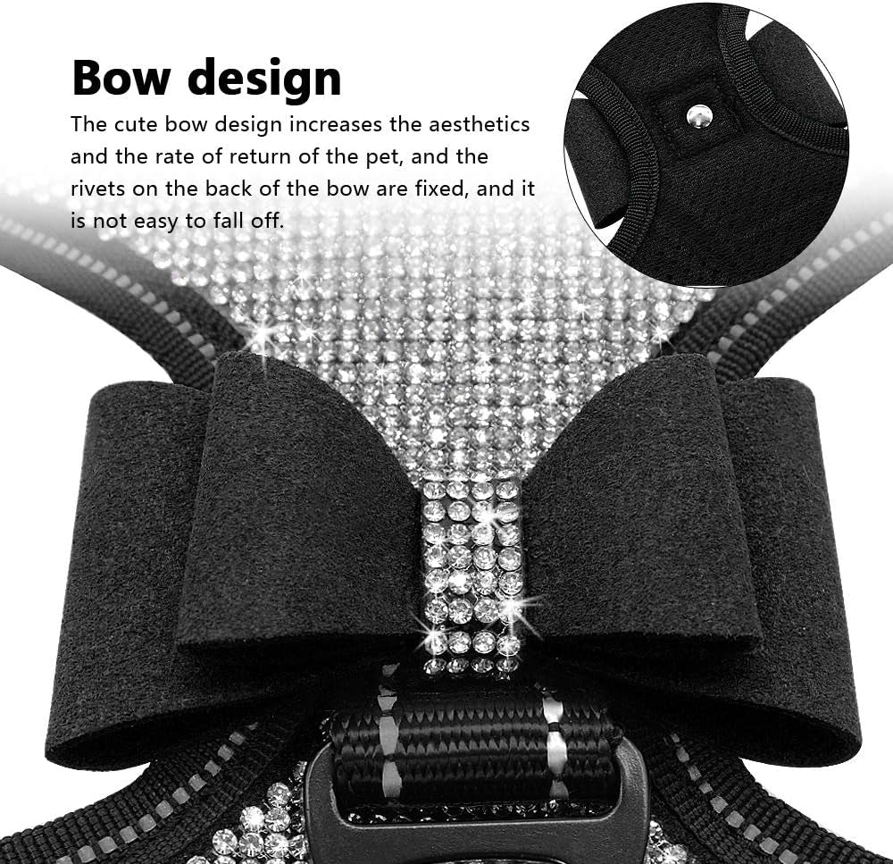 beirui-rhinestone-dog-harness-with-sparkly-bow-tie-black-s-chest-11-14-reflective-bling-nylon-soft-fleece-padded-for-small-large-dogs-walking-party-wedding