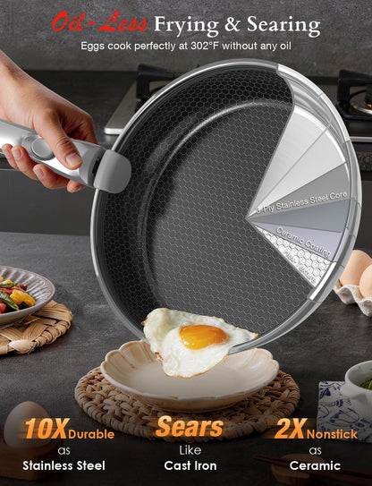Ceramic Pots and Pans Set Non Stick, 2026 Upgraded Hybrid Frypan, 1.5&2 QT Saucepans with Lid, Oil-Less Cooking, PFAS Free Non Toxic, Induction Ready,Oven&Dishwasher Safe,Removable Handle,12Pc3
