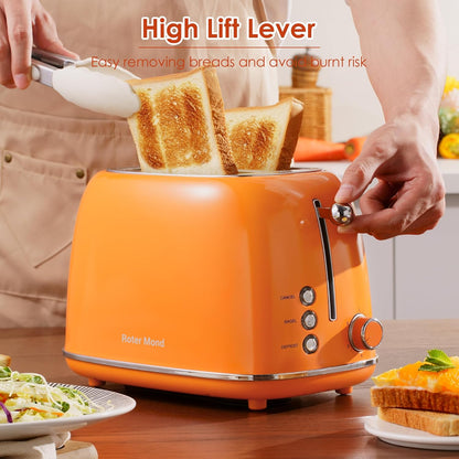 2 Slice Toaster Retro Stainless Steel with Bagel, Cancel, and Defrost Functions, 6 Bread Shade Settings, Extra Wide Slots and Removable Crumb Tray, Orange2