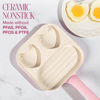 Ceramic Nonstick Divided Skillet with Heart-Shaped Sections and Grill Plate, Cast Aluminum, Dishwasher Safe, 8-Inch, Pink5
