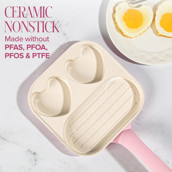Ceramic Nonstick Divided Skillet with Heart-Shaped Sections and Grill Plate, Cast Aluminum, Dishwasher Safe, 8-Inch, Pink5