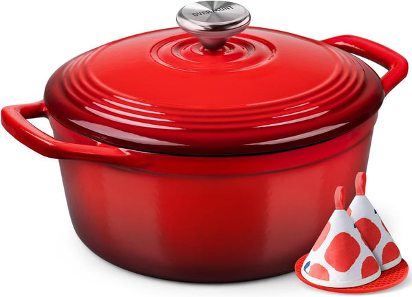 Enameled Cast Iron Dutch Oven - 5.5QT Pot with Wide Handles Lid Cookbook & Cotton Potholders - Heavy-Duty Pre-Seasoned Cookware Oven Safe to 500°F for Braising, Stews, Roasting, Sourdough Baking1