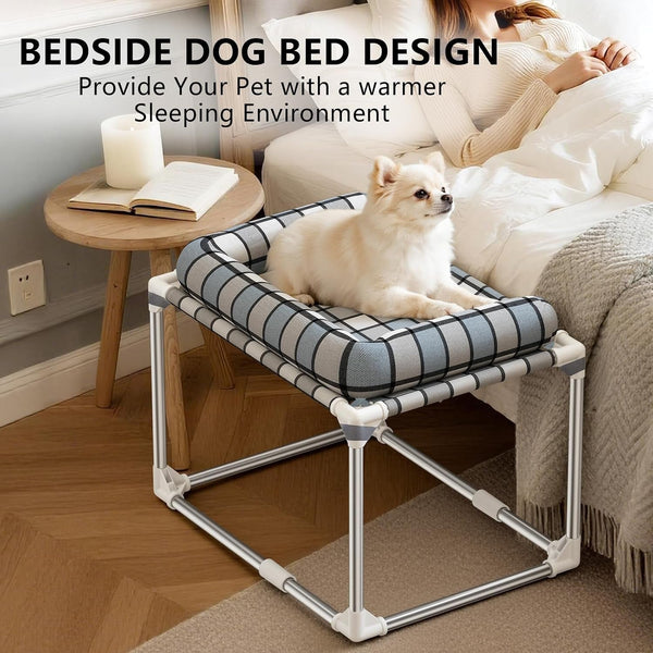 Bedside Cosleeper Dog Bed with Bloster, Height Elevated Pillow Bed Dog | Extension Attached to Human Bed for Dog Cat, Window Perch Bedside Lounge Elevated, Stainless Steel, Anti-Slip Feet3