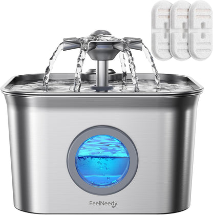 Stainless Steel Cat Water Fountain, 2.8L with 20Db Ultra-Quiet Pump- Ideal for Timid Pets, LED Water Level Window, Dishwasher Safe, 24/7 Circulation- Includes 3 Replacement Filters1