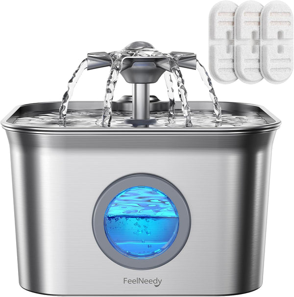 Stainless Steel Cat Water Fountain, 2.8L with 20Db Ultra-Quiet Pump- Ideal for Timid Pets, LED Water Level Window, Dishwasher Safe, 24/7 Circulation- Includes 3 Replacement Filters1