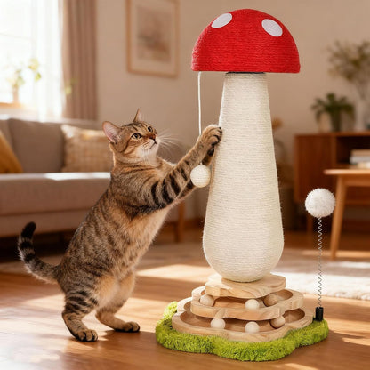 Mushroom Cat Scratching Post Cat Tree, Cute Cat Scratcher Tower with Interactive Ball Two-Layer Track Spring Ball Toys, Mushroom Scratch Post Cat Sisal Scratcher with Catnip for Indoor Cats7