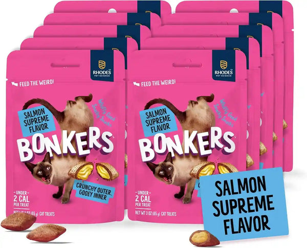 Bonkers Bites Salmon Supreme Flavor Crunchy & Soft Treats for Cats, 3Oz Bag (Pack of 10)1