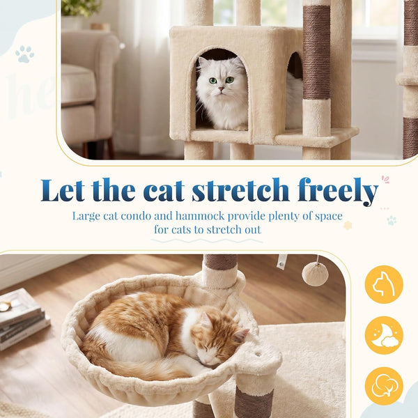 Hey-Brother Cat Tree Tower, Wide Base, 5 Platforms for Multi-Cats, MPJ074MJ | 72.8 Inches Tall Furniture, 5 Plush Beds, Large Condo, Big Hammocks, Sisal Scratching Posts, for Indoor Adult Cat Beige Brown6