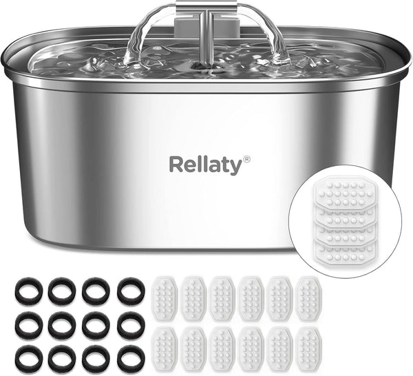 Cat Water Fountain Stainless Steel: 3.2L/108Oz Pet Fountain with 24 Replacement Filters （ 12 Sponge Filters + 12 Carbon Filters ）1