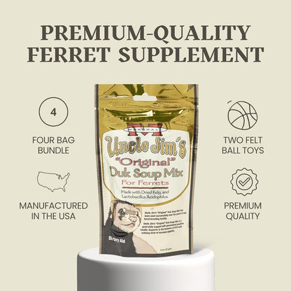 Marshall Uncle Jim’S DUK Soup Mix for Ferrets – 4.5 Oz Each – Digestive Support, Recovery & Vitality Aid – Includes 2 Squeaky Toys for Enrichment & Fun – (Pack of 4)3