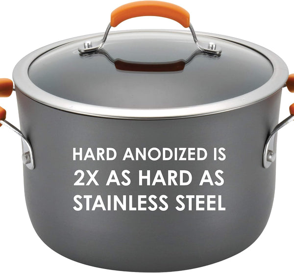 Brights Hard-Anodized Aluminum Nonstick Cookware Set with Glass Lids, 10-Piece Pot and Pan Set, Gray with Orange Handles2