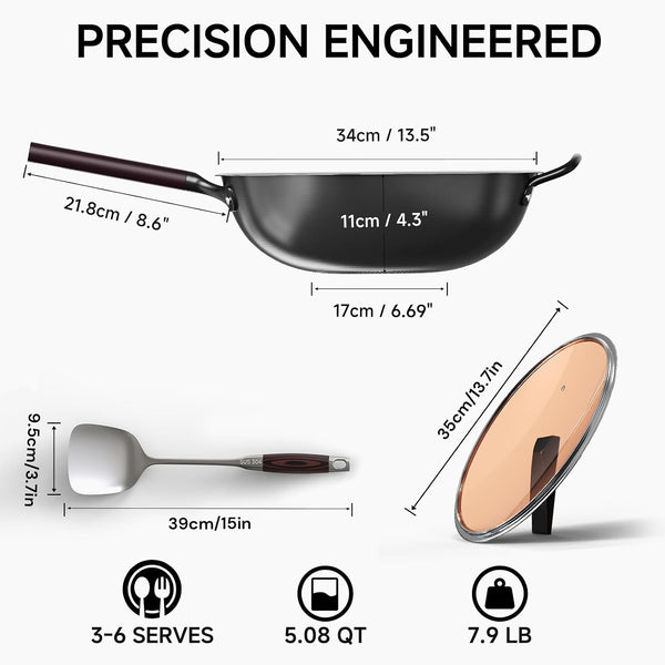 13.5" Carbon Steel Wok Pan - Pre-Seasoned Flat Bottom Woks & Stir-Fry Pans Chinese Cookware with Lid & Spatula - for Pan-Fry,Stir Fry, Steam, BBQ & Camping - Compatible with Induction, Gas5