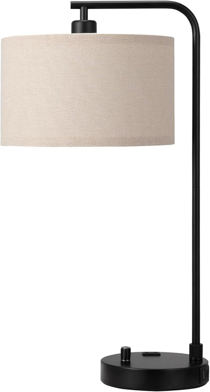20.7" Tall Table Lamp with USB & Outlet, Fully Dimmable Nightstand Lamp | Linen Lampshade, USB Port and Outlet, Black Desk Lamp for Bedside, Living Room, Guest Room, Home Office, LED Bulb Included8
