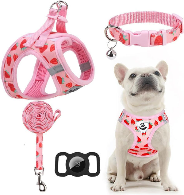 EXPAWLORER Plaid Small Dog Harness and Leash Set with Airtag Holder - No Pull Soft Padded Step in Dog Vest Harness Medium Sized Dog, Reflective Puppy Harness, Collar and Leash for Walking, Khaki S37