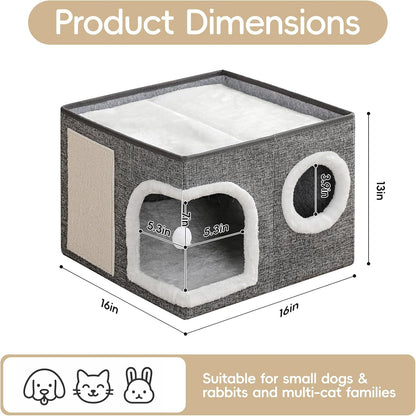 Cat Beds for Indoor Cats,Large Cat Cave House with Scratch Pad and Fluffy Ball,Foldable Cat Condo Hideaway, Modern Kitten Bed, Grey4