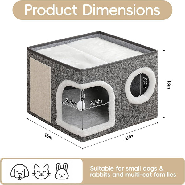 Cat Beds for Indoor Cats,Large Cat Cave House with Scratch Pad and Fluffy Ball,Foldable Cat Condo Hideaway, Modern Kitten Bed, Grey4