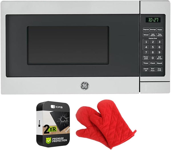 GCST07N1WSS Countertop Microwave Oven 700-Watt Compact 0.7 Cu Ft Stainless Steel Bundle with 2 YR CPS Enhanced Protection Pack and Deco Chef Pair of Red Heat Resistant Oven Mitt1