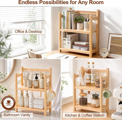 No-Assembly Coffee Bar Organizer, 2-Tier Coffee Station Shelf | Foldable Oak Wood Shelf, Coffee Station Accessories Storage for Syrup & Pod, 3 Hooks for Mugs, Kitchen Condiment Rack Natural3