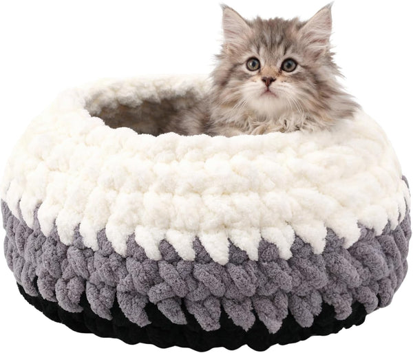 Handwoven Soft Cat Cave Bed, Indoor Cat Beds with Washable round Nest | Kitten House & Cat Furniture, White & Gray1
