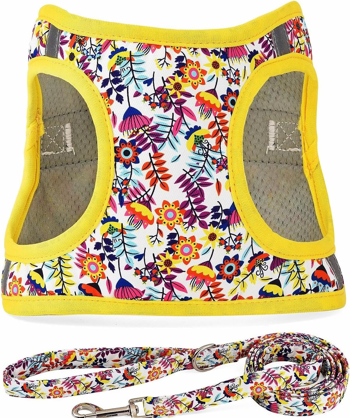 step-in-dog-harness-leash-set-all-weather-reflective-no-pull-floral-pattern-padded-mesh-vest-harness-for-cats-puppy-extra-small-small-medium-large-dogs-pink-flower-s