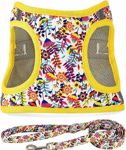 Step in Dog Harness Leash Set- All Weather Reflective No-Pull Floral Pattern Padded Mesh Vest Harness for Cats Puppy Extra-Small Small Medium Large Dogs - Pink Flower - S13