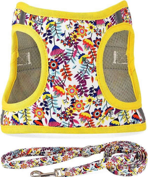 Step in Dog Harness Leash Set- All Weather Reflective No-Pull Floral Pattern Padded Mesh Vest Harness for Cats Puppy Extra-Small Small Medium Large Dogs - Pink Flower - S13