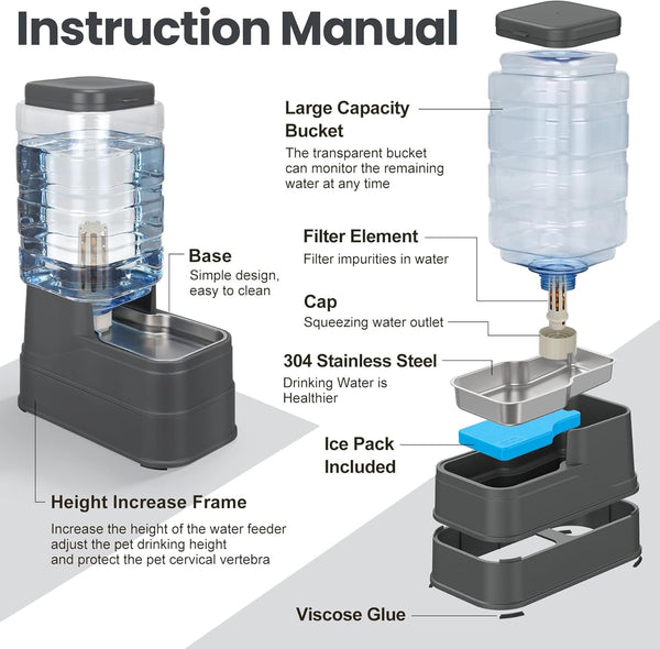 Automatic Dog Water Dispenser Gravity Stainless Steel Water Feeder Cat Waterer Feeder with Wide Mouth Bowl for Small Medium Dog Puppy Kitten (Filter &Ice Pack Included) 2.2Gallon Gray4