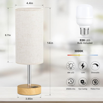 Bedside Table Lamp for Bedroom - 3-Way Dimmable Touch Lamp, USB A+C | LED Bulb Included, 14" Small Nightstand Lamp for Desk, Living Room, Guest Room, Cream Fabric Lampshade, Wood-Grain Metal Base5