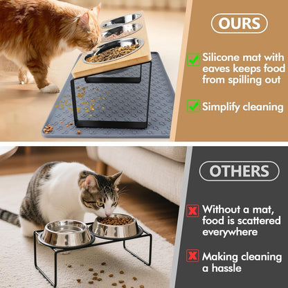 15° Tilted Elevated Cat Bowls - Raised Cat Bowls Stand with Silicone Food Mat & 3 Stainless Steel Cat Dishes for Food and Water, Anti-Vomiting for Indoor Cats and Small Pets3