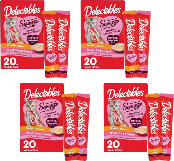 Delectables Squeeze up Kitten Variety Pack, Creamy Squeezable Puree, Lickable Wet Cat Treats, Grain Free, No Added Fillers, No By-Products, No Added Preservatives, 0.5 Ounces Tube, 20 Tubes Total11