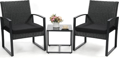 Outdoor 3-Piece Wicker Bistro Set, Patio Conversation Set | 2 Chairs with Coffee Table, for Balcony, Porch, Garden, Yard, Poolside, Black Frame & Black Cushion1