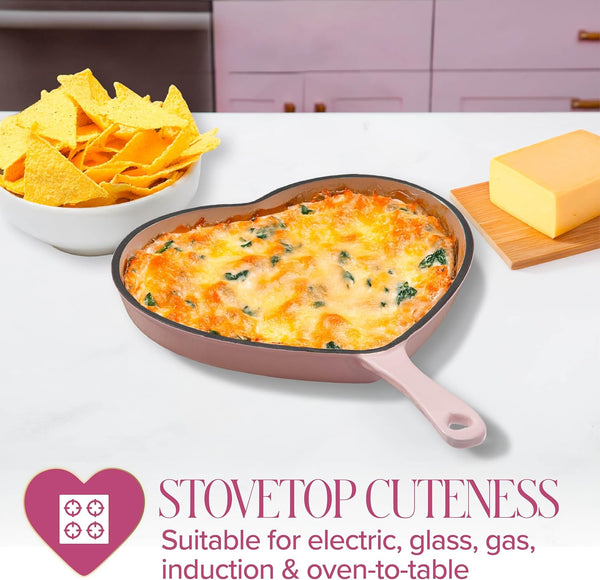 Enameled Cast Iron Heart Skillet Pan, Superior Heat Retention, Oven Safe, Long-Lasting Enamel, 10-Inch, Pink3