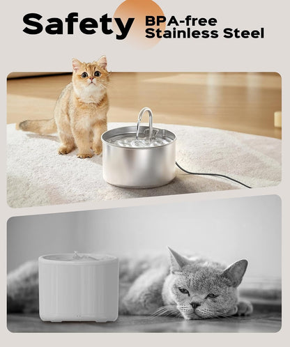 Cat Water Fountain Stainless Steel + 6 Filters + 3 Sponges - Pet Water Fountain 24/7 Keep the Water Fresh 74Oz Capacity Ultra-Quiet No Sputter Compact Easy to Clean3