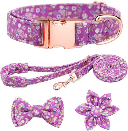 Dog Collar and Leash Set Girls Adjustable Puppy Collars with Floral Bow Tie for Small Medium Large Female Dogs, Orange Flower, S13