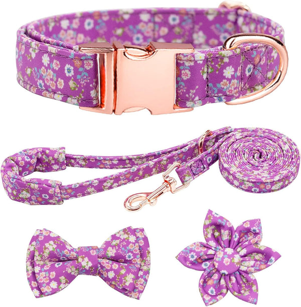 Dog Collar and Leash Set Girls Adjustable Puppy Collars with Floral Bow Tie for Small Medium Large Female Dogs, Orange Flower, S13
