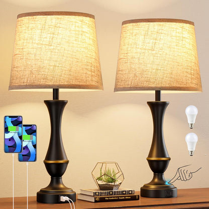 Touch Lamps for Nightstand, 3 Way Dimmable Lamps for Bedroom with USB C+A | Touch Control, USB C+A Charging Ports, Table Lamps for Living Room, Night Stands, Bedside, Bedroom, Bulb Included, Black1