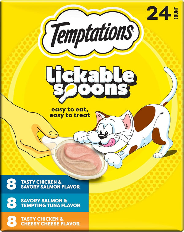 Temptations Lickable Spoons Wet Cat Treats, Variety Pack, 24 Count | Two Irresistible Flavors per Spoon, Mess-Free Creamy Puree, Hand-Feed for Bonding, Use as Treat or Food Topper, Adult Cats1