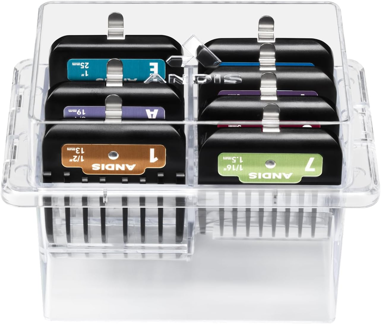 andis-562014-premium-clip-animal-comb-set-built-with-plastic-includes-7-color-coded-combs-of-different-sizes-metal-clip-to-attach-comb-fits-ultra-edge-ceramic-edge-blades-multicolor