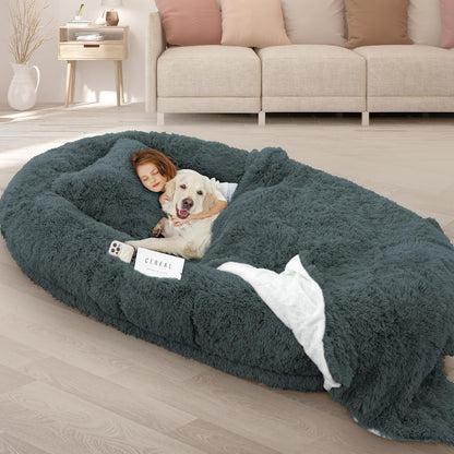 ROOMTEC Human Dog Bed, 71''X45''X12'' Size Fits Adult and Pet Washable Giant People Bed 10 CM Thick Memory Foam Large Oversize Pet Bed with Plump Pillow, Blanket, Strap - Grey11