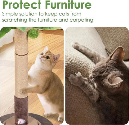 35" Sisal Rope Cat Scratching Post, Palm Leaf Cat Tree with Hanging Ball & Mouse Toy for Kittens & Adult Indoor Cats3