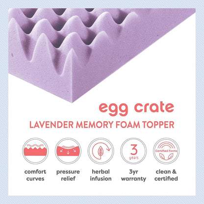 3 Inch Egg Crate Memory Foam Mattress Topper with Soothing Lavender Infusion, Certipur-Us Certified, Dorm Essentials, Twin3