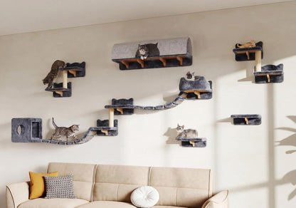9-In-1 Cat Wall Shelves, Cat Wall Furniture Set with Bridge, Beige | Wall Mounted Cats Shelf for Space-Saving, Multi-Level Cat Climbing Systems for 16 Inch Drywall, with Scratching Posts, Condos9