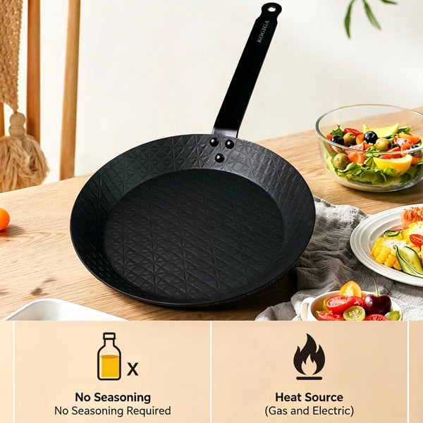 11 Inch Pre-Seasoned Carbon Steel Frying Pan, Naturally Non-Coated Skillet with Grooved Texture for Steak, Stir Fry, Tortilla, Crepe, All Stoves Compatible6