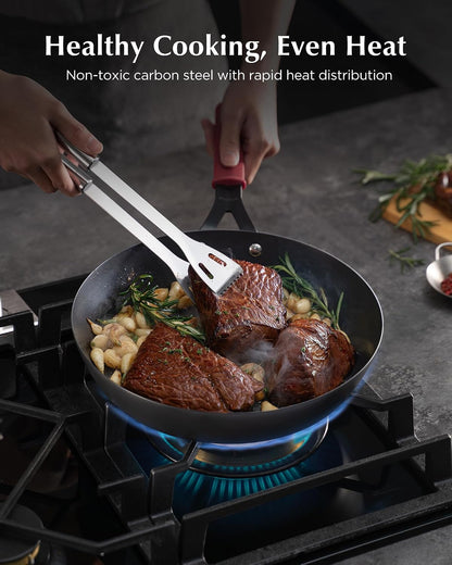 Carbon Steel Pan, 10 Inch Nonstick Frying Pan Skillet | Pre-Seasoned Carbon Steel Cookware with Removable Silicone Handle Holder, Indoor/Outdoor, Induction & Oven Safe4