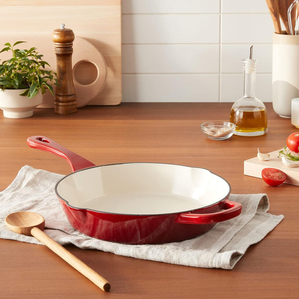 Crock-Pot 10 Inch Enameled Cast Iron Skillet with Handles - Ideal for Searing, Roasting, Frying - Even Heat Distribution, Pour Spouts - Oven-Safe & Stovetop Safe (Red)2