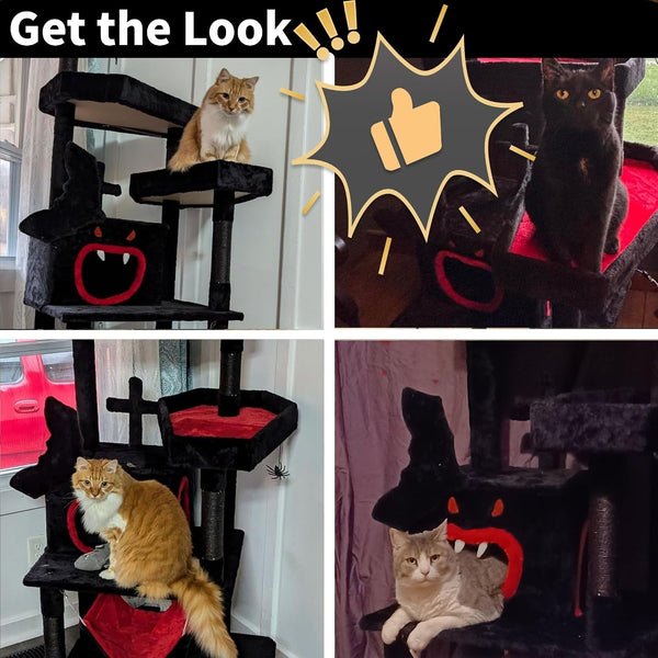 YITAHOME Gothic Cat Tree with Coffin Bed, 63" Tall Cat Tower for Indoor Cats with Top Perch, Spacious Cat Condos, Spider Hanging Balls,Comfy Hammock, Scratching Post and Ladder, Black Halloween | Cat Tower with Top Perch, Spacious Cat Condos, Spider Hanging Balls, Comfy Hammock, Scratching Post and Ladder7